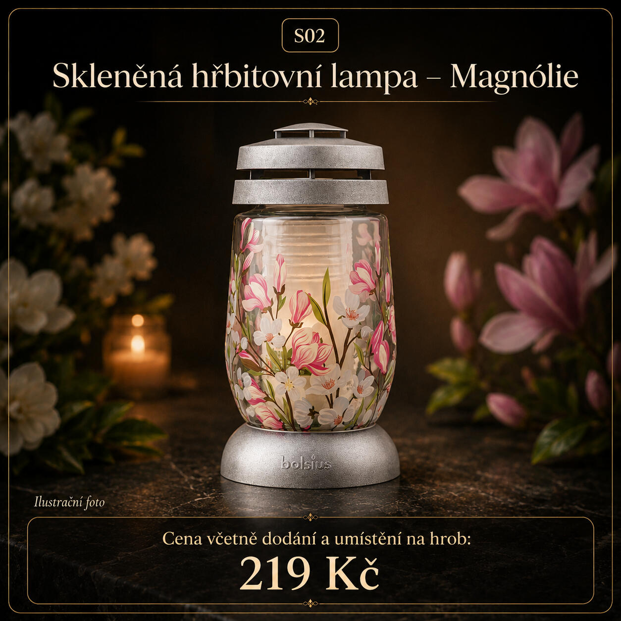 Skleněná hřbitovní lampa Magnolie