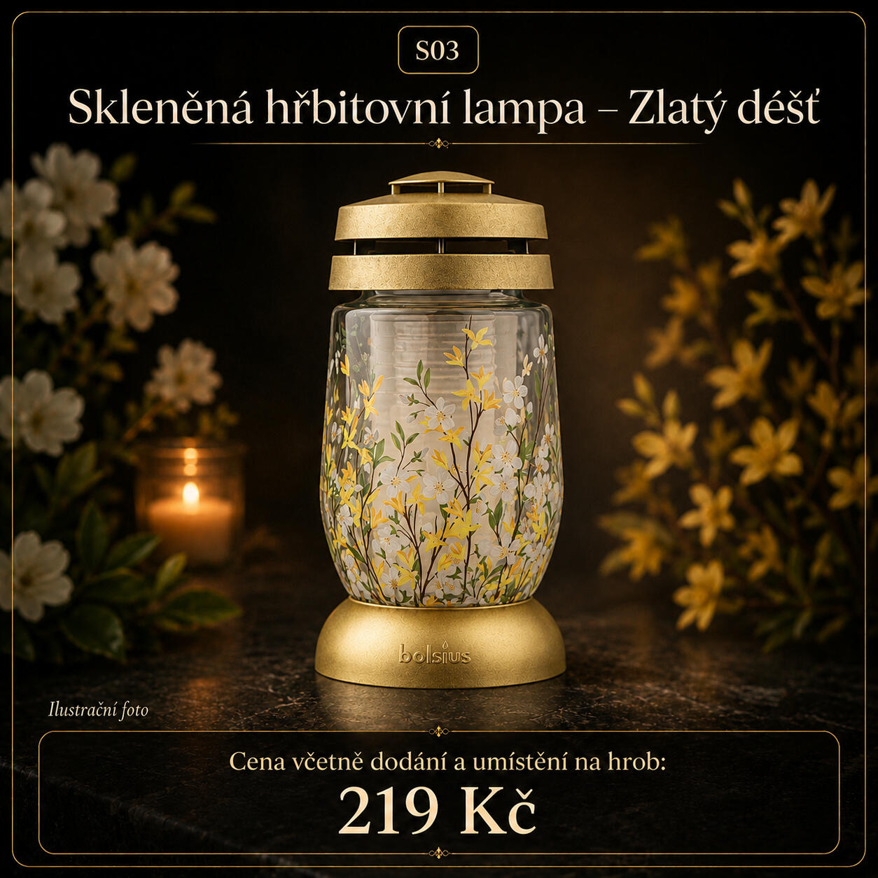 Skleněná hřbitovní lampa Zlatý déšť Skleněná hřbitovní lampa Zlatý déšť