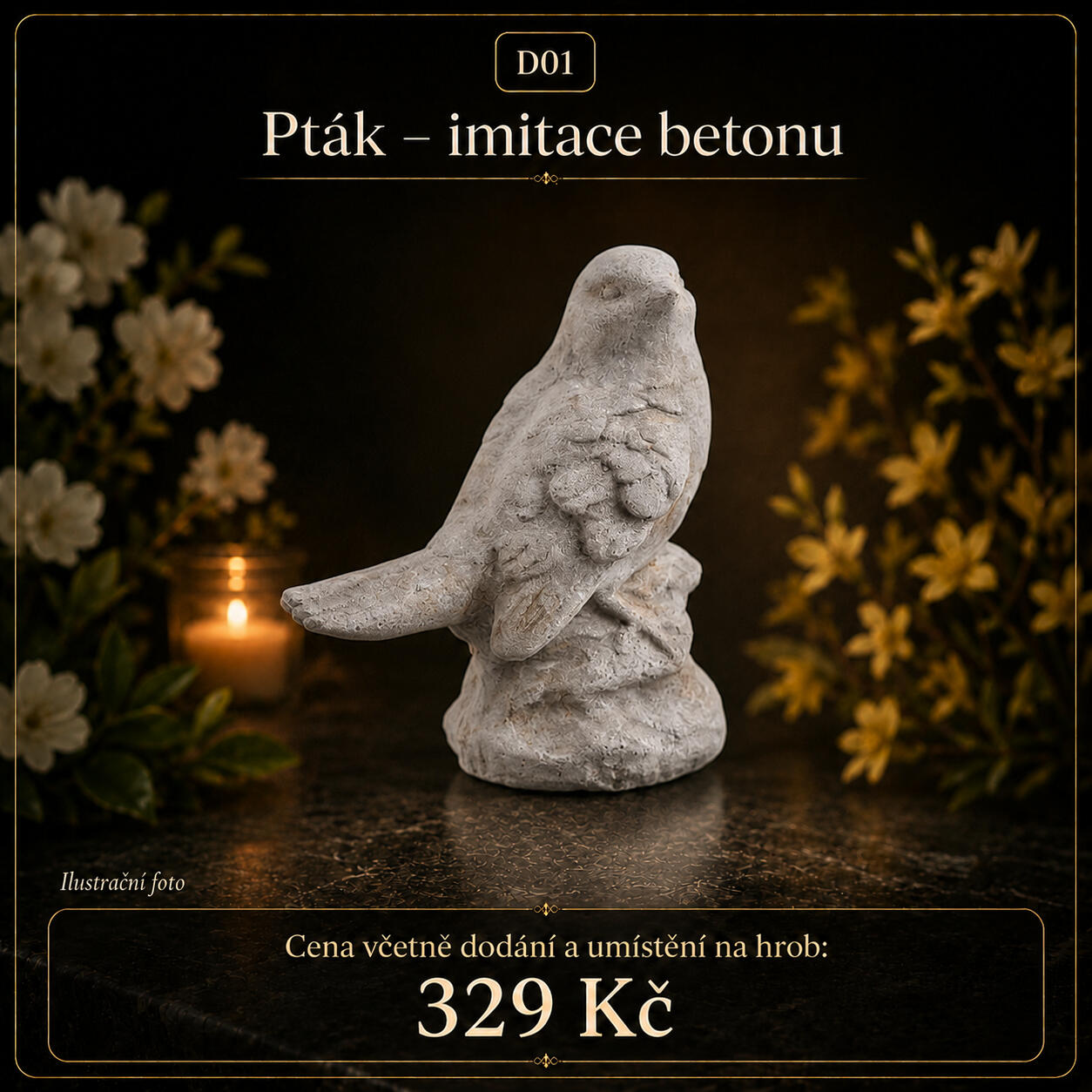 Hřbitovní dekorace Ptáček, imitace betonu