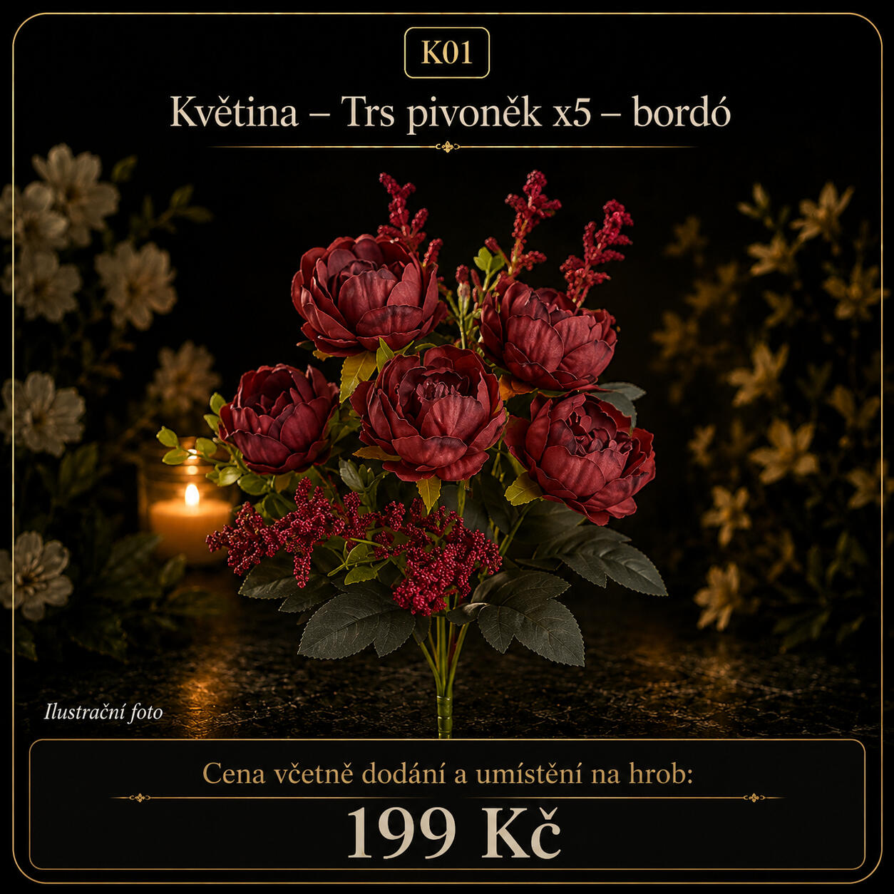 Trs pivoněk (5x) - bordó/fialová umělá kytice